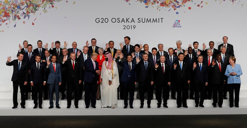 Japanese Prime Minister Shinzo Abe and other world leaders attend a family photo session at G20 summit on June 28, 2019, in O