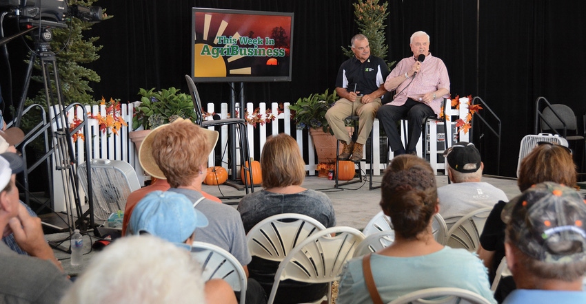 Max Armstrong and Orion Samuelson onstage at Farm Progress Show