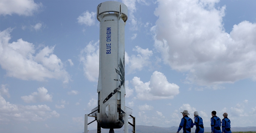 The Blue Origin New Shepard Space Vehicle sits on its launch pad July 20, awaiting its crew of Jeff Bezos, Wally Funk, Oliver