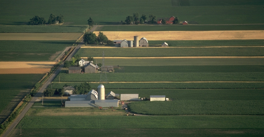 Aerial view of farms and fields near Frankenmuth, Michigan