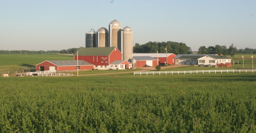 A wide landscape view of a dairy farm