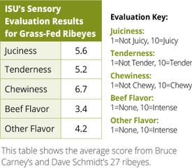 Table showing the average score from Bruce Carney’s and Dave Schmidt’s 27 ribeye steaks tested by ISU