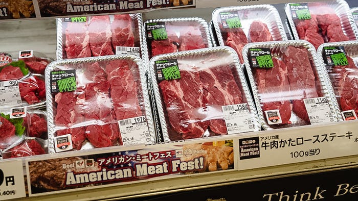 Packaged beef in refrigerator case Packaged beef in refrigerator case