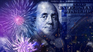 Ben Franklin on money with fireworks in foreground