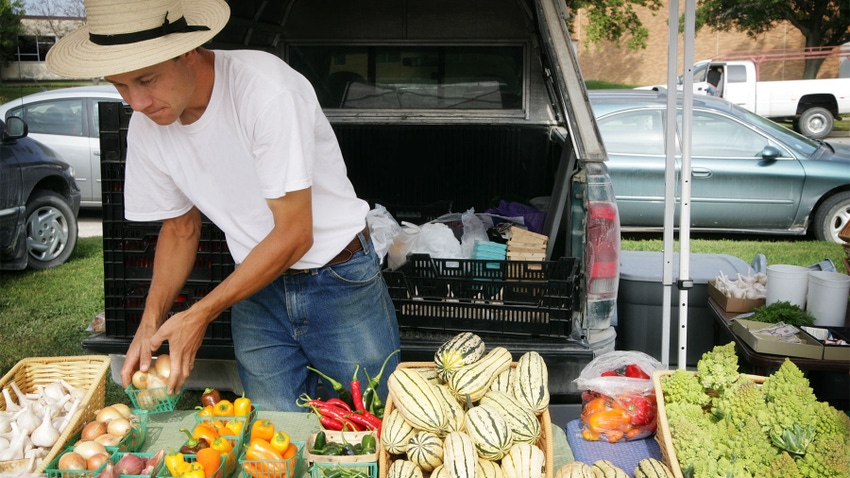 Man selling vegetables at farmstand