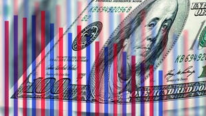 Hundred dollar bill on screen with declining market chart