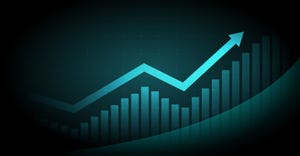 abstract financial graph with uptrend line arrow and bar chart of stock market on green color background