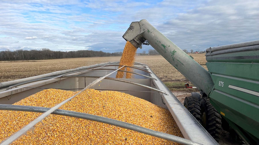 Grain cart dumping corn into grain trailer