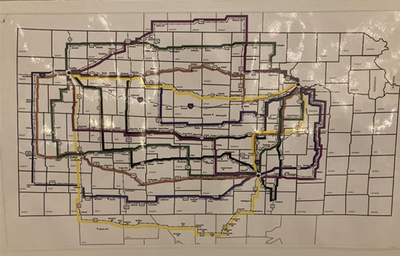  the color-coded Wheat tour routes, starting in Manhattan, Kan., and stopping in Colby and Wichita before returning to Manhattan. 