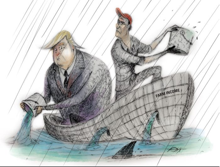 Illustration of Trump and farmer in boat that is sinking bailing out water with buckets.