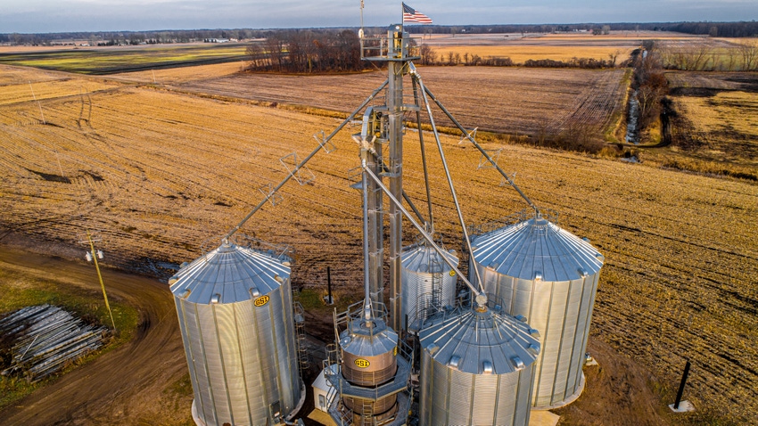 Grain bins on farm in fall