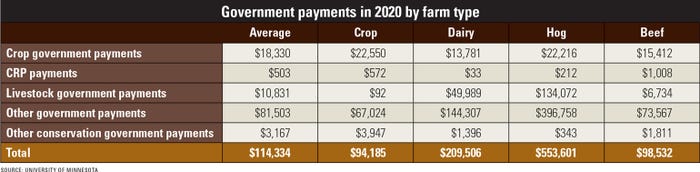 Government payments in 2020 by farm type graphic