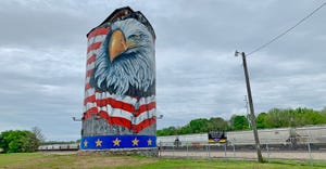 painted 130-year-old grain silo along the rail yard in Monett, Mo.
