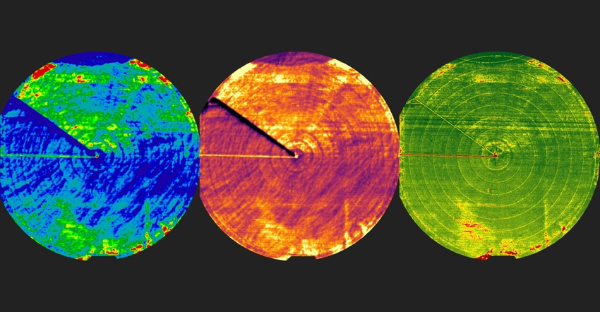 Three pivot images show different types of imagery available: water stress, thermal imagery and an NDVI image