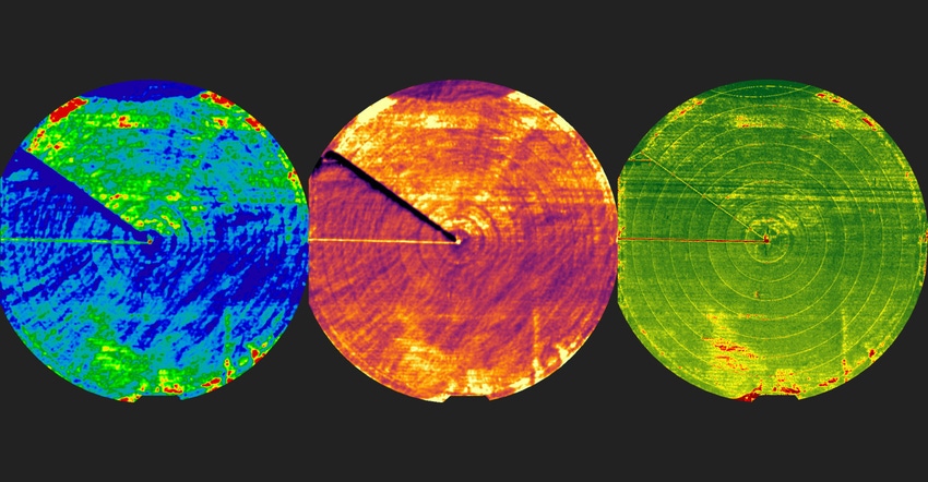 Three pivot images show different types of imagery available: water stress, thermal imagery and an NDVI image Three pivot images show different types of imagery available: water stress, thermal imagery and an NDVI image
