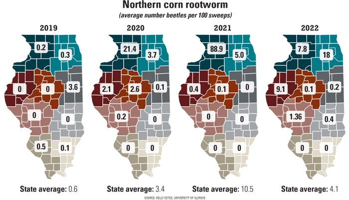 4 maps of Illinois showing northern corn rootworm beetle numbers