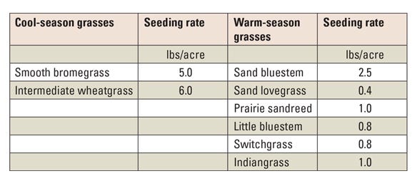 Recommended cool- and warm-season perennial grass mixtures for revegetating heavy sand deposits table