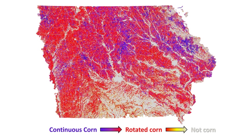 red areas in this map show fields where corn-soybean rotations are common