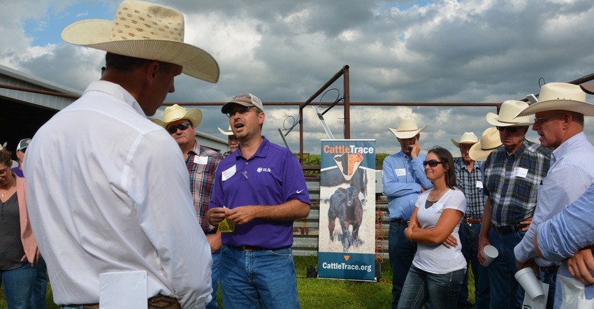 Brandon Depenbusch, center, talks to Kansas Livestock Association members during a field day demonstration of the CattleTrace