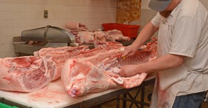 butcher cutting and processing slabs of meat