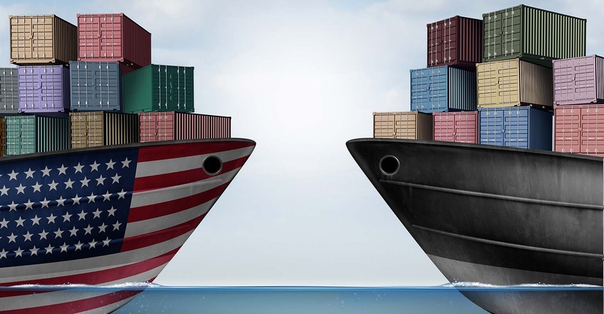 Illustration of two container ships facing each other on the water, one with USA flag