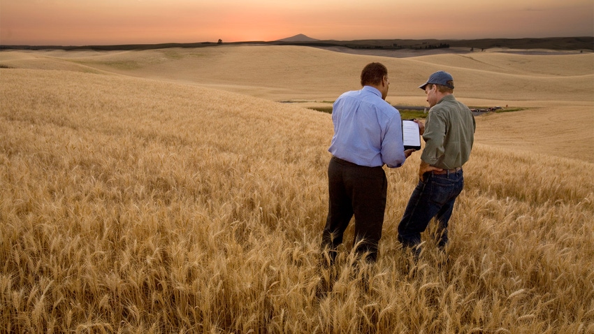 A farmer and a grain buyer look over documents in a field