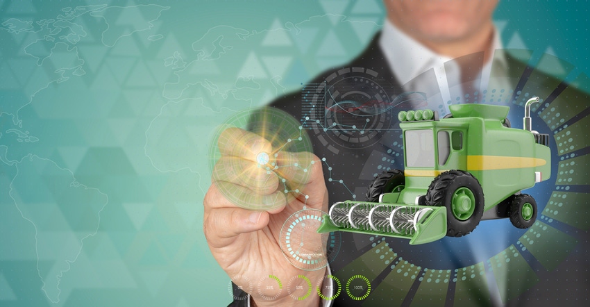 A business man points to a projection of a combine and data visualizations A business man points to a projection of a combine and data visualizations