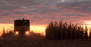 combine and cornstalks at sunset