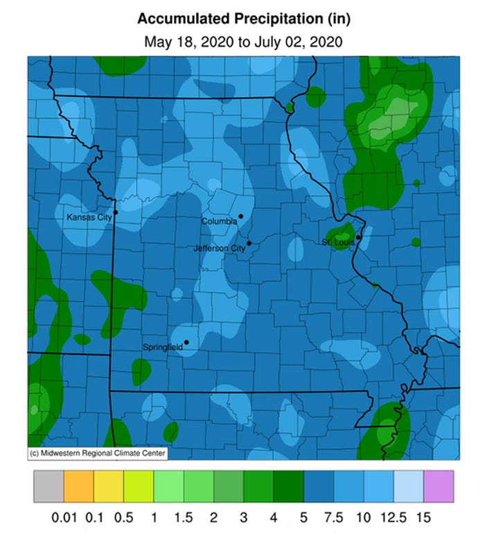 A precipitation map for Missouri for May 18, 2020 through July 2, 2020