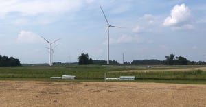 Wind turbines on farm land