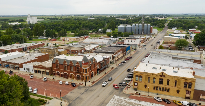 aerial view of main street intersection in small town