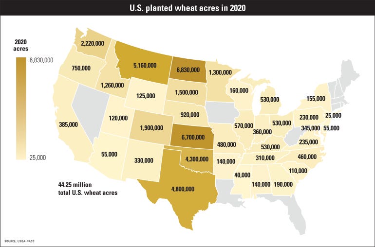 U.S. planted wheat acres in 2020 map