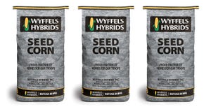 Closeup of Wyffels camouflage seed corn bags, sales of which will benefit the 'Homes for Our Troops' program