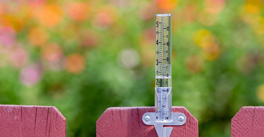 Closeup of rain gauge on garden fence