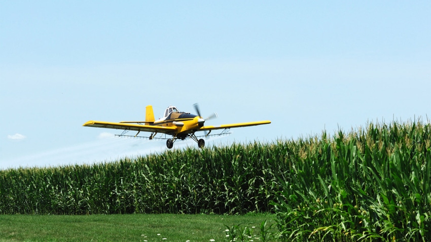 Yellow cropduster over the cornfield