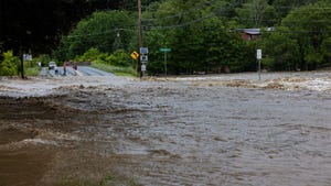 A flooded road is seen on July 10, 2023 in Chester, Vermont