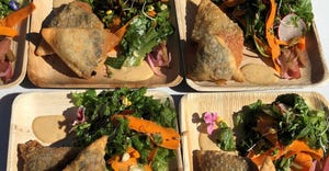 deep-fried sambuusas and wild greens salad