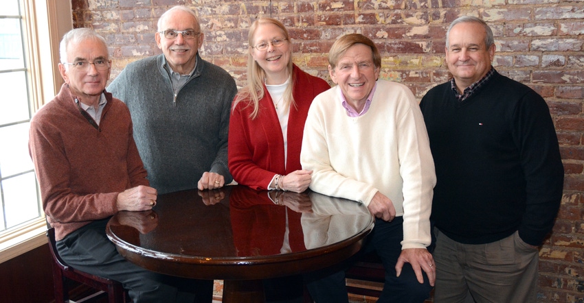 2020 Master Farmers Ted Mottaz, Joe Pickrell, Susan and John Adams, Dale Hadden sitting around table