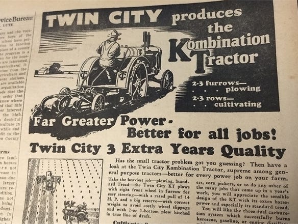 An ad that appeared in the March 14, 1931, issue of Nebraska Farmer touts the Twin City Kombination Tractor