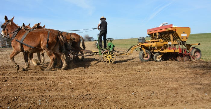 A Plain Sect farmer takes advantage of recent warm weather to plant some alfalfa in his fields just outside Lititz, Pa