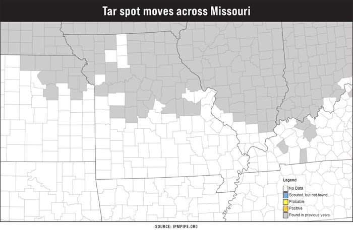 A map indicating movement of tar spot in Missouri