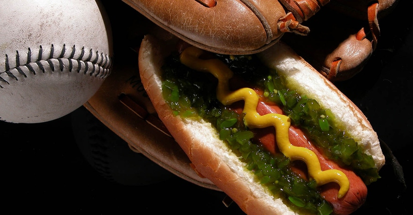 hot dog, baseball and baseball gloves
