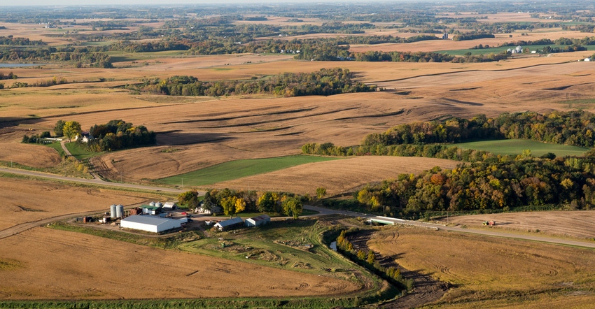 aerial view of rural farm land and farmstead