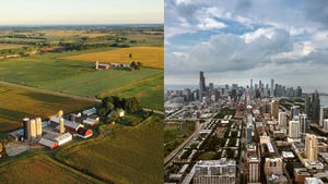 On the left, an aerial view of a farmstead and on the right, a cityscape