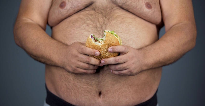 Obese male holding unhealthy hamburger in hands, 