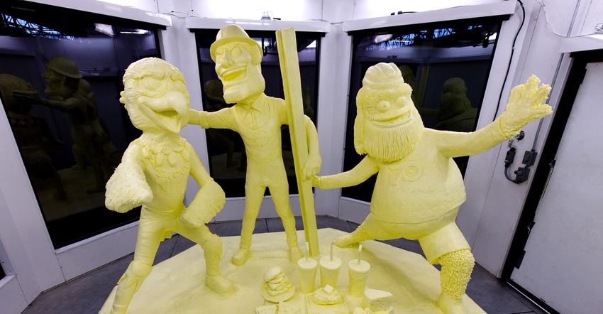 Butter sculpture of Philadelphia Eagles, Pittsburgh Steelers and Philadelphia Flyers mascots, Swoop, Steely McBeam and Gritty