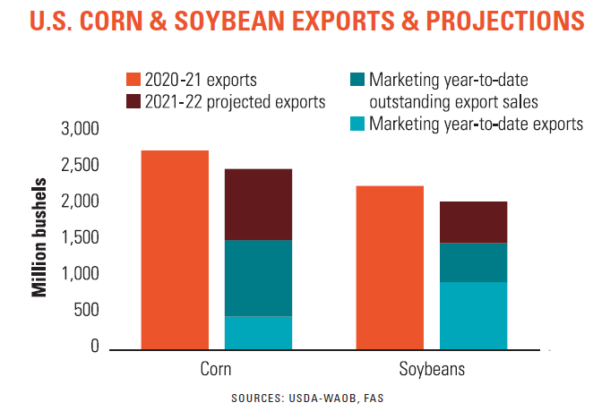 Graph of  U.S. corn and soybean exports and projections