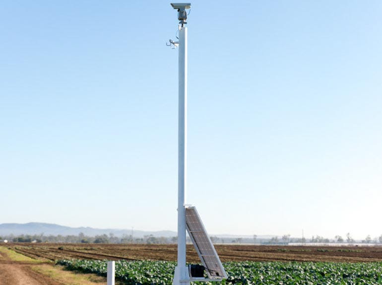 A bird control laser at the top of a pole powered by solar energy