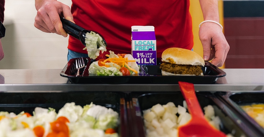 Hamburger and veggies at school lunch