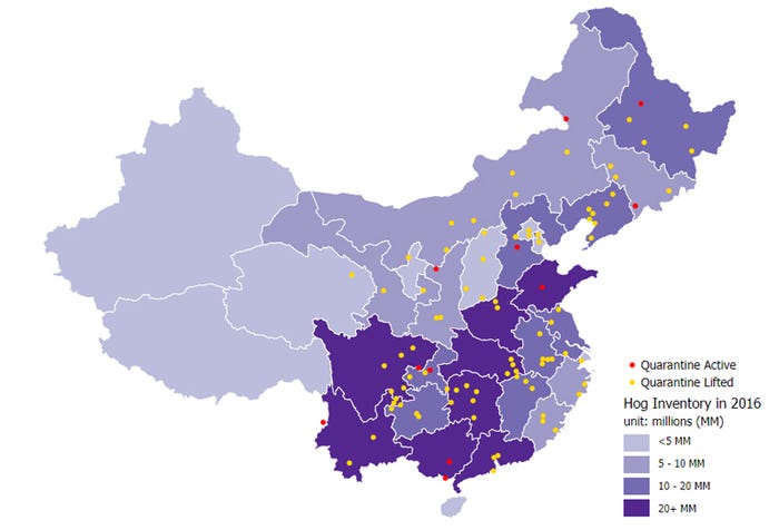 Map of African swine fever cases in mainland China 